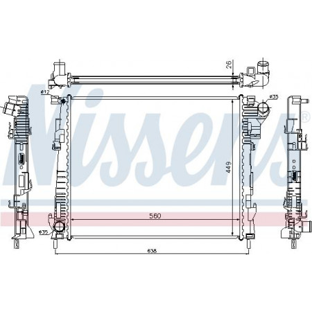 Radiator. motorkoeling Motorradiator past. NISSAN PRIMASTAR OPEL VIVARO A RENAULT TRAFIC II 2.0D VAUXHALL VIVARO A (X83), Draagframe, 04.2003 - 07.2014 Nissens 63122