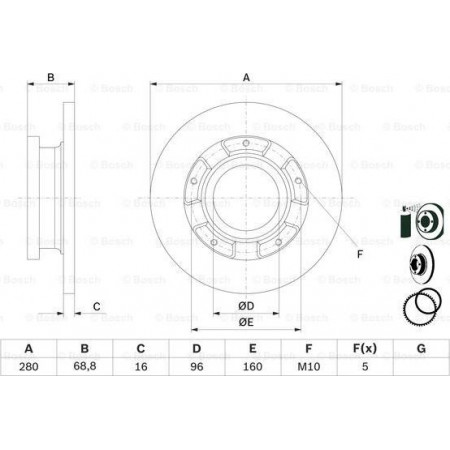 Disco freno FORD TRANSIT V363 (FED, FFD), Telaio di supporto, 08.2013 - BOSCH 0 986 479 401