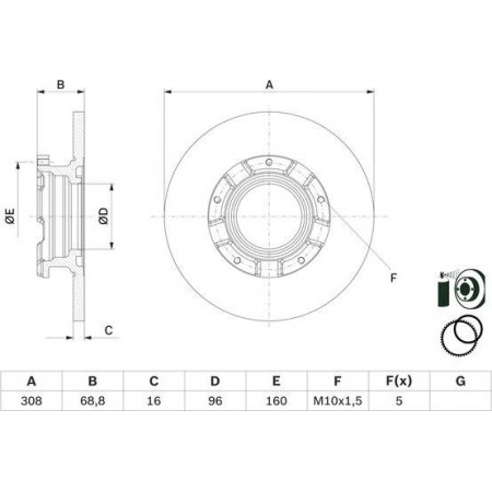 Disque de frein FORD TRANSIT V363 (FED, FFD), Châssis support, 08.2013 - BOSCH 0 986 479 F62