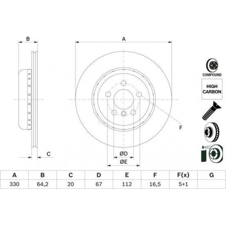 Brake disc BMW 5 Touring (G31), Tourism, 03.2017 - BOSCH 0 986 479 G15