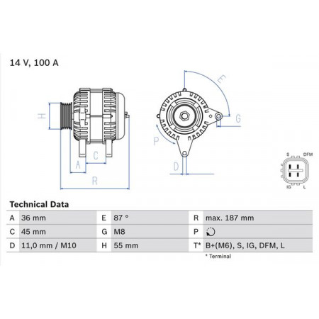 Alternador 14V 100A cabe. TOYOTA AVENSIS CAMRY 2.0-2.4 11.01-09.11 TOYOTA AVENSIS II (_T25_), Touring, 04.2003 - 11.2008 BOSCH 0 986 046 120
