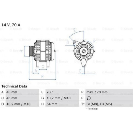 Gerador / Alternador PEUGEOT 206 CC (2D), Conversível, 09.2000 - 12.2008 BOSCH 0 986 042 071