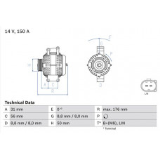 Alternateur 14V 150A convient. MERCEDES C CL203 C T-MODEL S203 C T-MODEL S204 C W203 C W204 CLC CL203 CLK A209 CLK C209 CLS MERCEDES-BENZ SPRINTER 3.5-t (906), Châssis support, 06.2006 - BOSCH 0 986 047 150