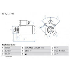 Acionador de partida 12V 17kW se encaixa. VOLVO 340-360 440 460 S40 I V40 MITSUBISHI CARISMA OPEL ARENA RENAULT 11 19 I 19 I CHA RENAULT CLIO I (S57_), Hatchback Van, 01.1991 - 09.1998 BOSCH 0 986 013 200
