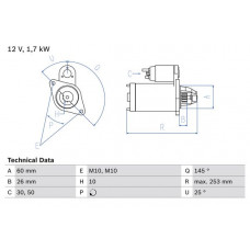 Motorino di avviamento 12V 17kW adatto. MERCEDES C T-MODEL S202 C W202 CLK A208 CLK A209 CLK C208 CLK C209 E T-MODEL S210 E T- MERCEDES-BENZ C-CLASS T-Model (S202), Touring, 06.1996 - 03.2001 BOSCH 0 986 017 890