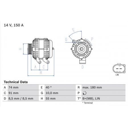 Alternador 14V 150A cabe. VOLVO C30 C70 II S40 II V50 FORD KUGA I 2.0D-2.5 01.04-06.13 VOLVO V50 (545), Touring, 12.2003 - 12.2012 BOSCH 0 986 080 810