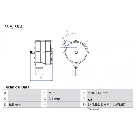 Adatto per alternatore 28 V 55 A. IVECO MK P-PA BF6L913-BF8L513-F8L513 01.83-12.93 IVECO P/PA, 12.1979 - 12.1993 BOSCH 0 986 034 430