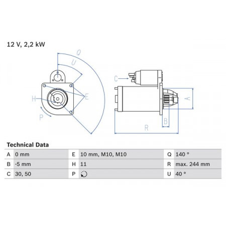 Starter starter 12V 22kW fits. VOLVO C30 C70 II S40 II S60 II S80 II V40 V50 V60 I ​​V70 III V70 III-KOMBI XC60 I XC70 VOLVO V70 III (135), Touring, 04.2007 - BOSCH 0 986 026 260