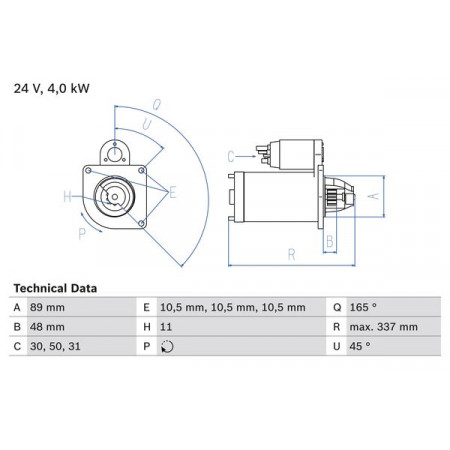 Starter starter 24V 4kW fits. VOLVO FL FL6 D6B-D6B250 01.95- VOLVO FL (FL E), Support frame, 03.2000 - BOSCH 0 986 020 190