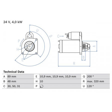 Starter starter 24V 4kW fits. IVECO CROSSWAY EUROCARGO I-III MAGIRUS TECTOR I URBANWAY IRISBUS ACCESS BUS II CITELIS IVECO TECTOR, 12.2008 - BOSCH 0 986 020 170