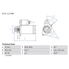 Anlasser Anlasser 12V 11kW passt. MERCEDES C C204 C CL203 C T-MODELL S203 C T-MODELL S204 C W203 C W204 CLC CL203 CLK A209 MERCEDES-BENZ SPRINTER 5-t (906), Van, 06.2006 - BOSCH 0 986 020 350