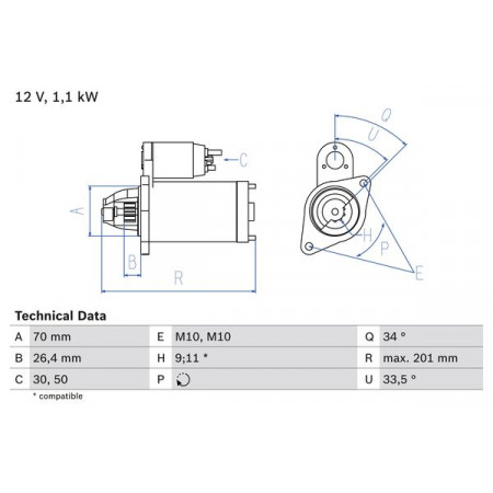 Anlasser Anlasser 12V 11kW passt. MERCEDES C C204 C CL203 C T-MODELL S203 C T-MODELL S204 C W203 C W204 CLC CL203 CLK A209 MERCEDES-BENZ SPRINTER 3,5-t (906), Tragrahmen, 06.2006 - BOSCH 0 986 020 350