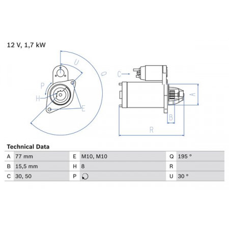 Demaror Incepator 12V 17kW se potriveste. HYUNDAI ACCENT III ACCENT IV ELANTRA IV ELANTRA V GETZ I10 I I20 I I30 IX20 MATRIX KIA HYUNDAI i30, Compartiment, 05.2013 - BOSCH 0 986 023 600