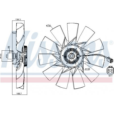 Fã. radiador Embreagem do ventilador com número de pás do ventilador 750mm. 11 número de pinos. 6 SCANIA PGRT DC11.08-DT16.08 03.04- SCANIA P,G,R,T - series (N320), 01.2003 - Nissens 86096