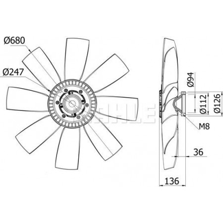 Ventilateur. radiateur Embrayage de ventilateur avec ventilateur 680mm nombre de pales 8 VOLVO FH12 FM10 FM12 FM7 D10A320-D7C290 08.93- VOLVO FM12 (FM9), 08.1998 - 11.2008 MAHLE CFF 430 000S
