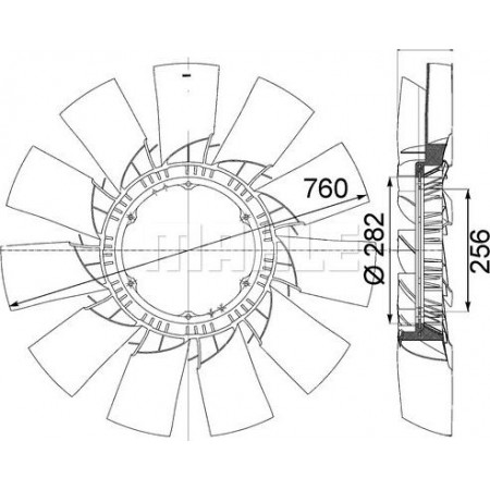 Paleta ventilator. racire motor Radiator fan diameter 282-760 mm number of blades 11 DAF CF 85 XF 105 XF 95 MX265-XF355M 0 DAF CF 85 (AE85XF), 01.2001 - 05.2013 MAHLE CFW 41 000P