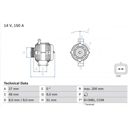 Alternador 14V 150A CITROEN BERLINGO MULTISPACE BERLINGO/MINIVAN C4 C4 I C5 III DS3 MINI R56 R57 CLUBMAN R55 PEUGEOT 207 3008 308 308 I 5008 1.4/1.6 02.06- BOSCH 0 986 048 740