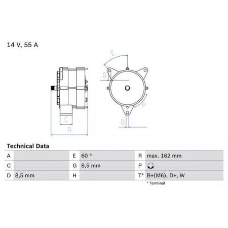 Alternador 14V 55A LAMBORGHINI JALPA IVECO MK MERCEDES UNIMOG 2.4D-6.1D 01.77- BOSCH 0 986 031 270