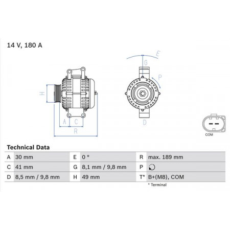 Alternador 14V 180A BMW 1 E81 1 E87 1 E88 3 E90 3 E91 3 E92 3 E93 5 E60 5 E61 1.6/2.0 09.06-12.13 BOSCH 0 986 048 840