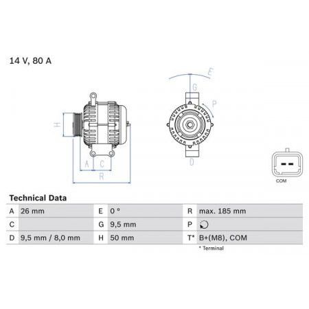 Alternador 14V 80A DS DS 3 CITROEN BERLINGO MULTISPACE BERLINGO/MINIVAN C3 II C3 PICASSO C4 C4 I DS3 PEUGEOT 2008 I 207 207/HATCHBACK 208 I 308 308 I 1.1-1.6D 02.06- BOSCH 0 986 082 880