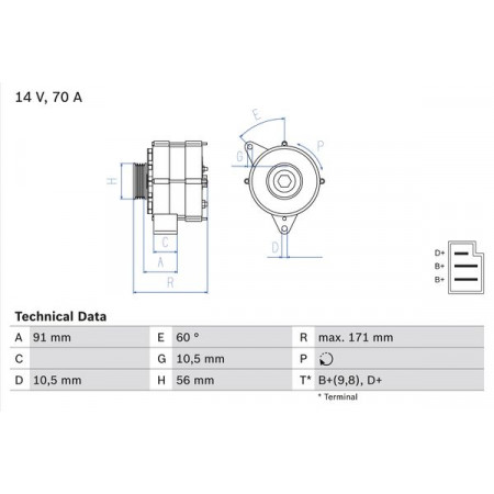 Alternador 14V 70A MERCEDES 124 C124 124 W124 124 T-MODEL S124 190 W201 E W124 E T-MODEL S124 T1 601 T1 601 611 T1 B601 T1/TN 1.8-3.0D 04.77-06.96 BOSCH 0 986 033 810