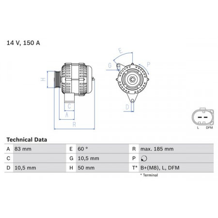 Alternador 14V 150A MERCEDES C CL203 C W203 C T-MODEL S203 CLK A209 CLK C209 M W163 SLK R171 2.6-5.5 02.00-02.11 BOSCH 0 986 047 560