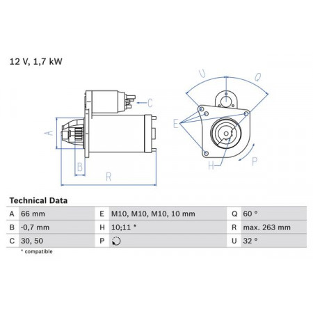 Elektromotor 12V 17kW VOLVO 340-360 440 460 S40 I V40 MITSUBISHI CARISMA OPEL ARENA RENAULT 11 19 I 19 I CHAMADE 19 II 19 II CHAMADE 21 9 CLIO I 1.6D/1.7/1.9D 10.82- BOSCH 0 986 013 200