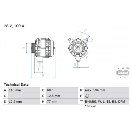 Alternateur 28V 100A MERCEDES ACTROS ACTROS MP2 / MP3 ATEGO AXOR AXOR 2 CITARO O 530 UNIMOG OM457.910-OM909.921 04.96- BOSCH 0 986 042 390