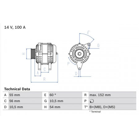 Alternator 14V 100A OPEL ASTRA G ASTRA G CLASSIC ASTRA H ASTRA H CLASSIC ASTRA H GTC CORSA C 1.0-1.4LPG 02.98- BOSCH 0 986 047 280