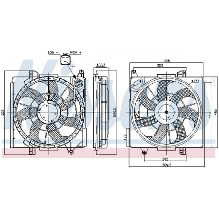 Ventilador, radiador Ventilador do radiador com cárter HYUNDAI IX35 KIA SPORTAGE III 2.0D 08.09- NISSENS NIS 850039