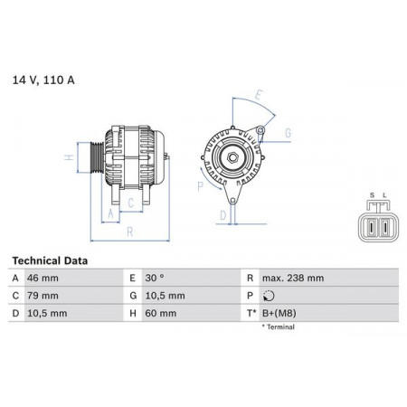 Alternator 14V 110A HYUNDAI TERRACAN KIA CARNIVAL II 2.9D 10.01-12.06 BOSCH 0 986 049 500