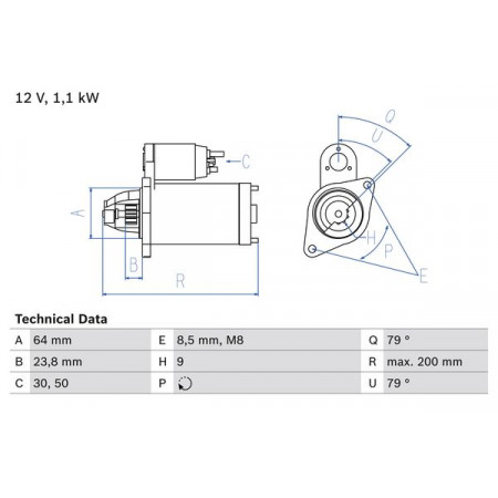 Elektromotor 12V 11kW CHEVROLET AVEO FIAT LINEA PUNTO OPEL AGILA ASTRA H ASTRA H GTC ASTRA J COMBO TOUR COMBO/MINIVAN CORSA C CORSA D CORSA E MERIVA A 1.3D/1.4 06.03- BOSCH 0 986 021 240