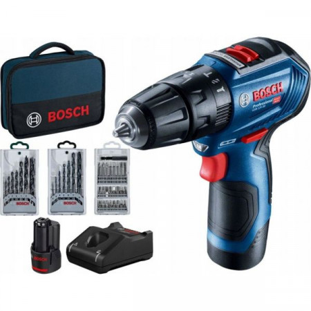 Chave de fenda Furadeira Fonte de alimentação da chave de fenda: tipo bateria: conjunto de pistola GSR 12V-30 15-10mm tensão: 12V Torque máximo: 30Nm número de baterias: 2 2 Ah O kit Li-Ion contém: brocas chave de fenda BOSCH 0 601 9G9 001