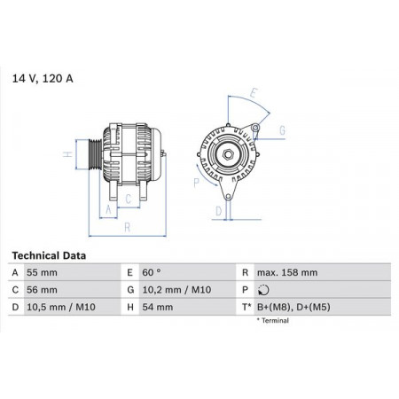 Alternator 14V 120A OPEL ASTRA G ASTRA H ASTRA H GTC COMBO TOUR COMBO/MINIVAN CORSA C CORSA C/HATCHBACK MERIVA A TIGRA RENAULT MEGANE II 1.0-1.6 09.00- BOSCH 0 986 044 410